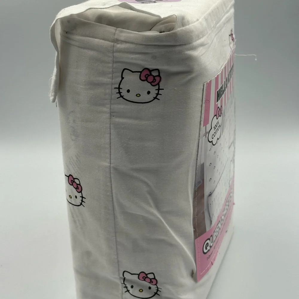 Hello Kitty White Queen Sheet Set Pink Bows 100% Cotton 4pc NWT Sanrio - Picture 2 of 5